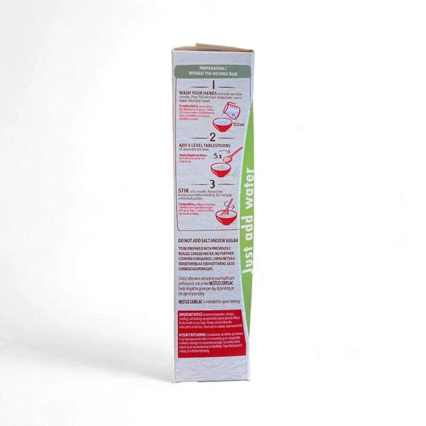 Nestlé Cerelac Baby Cereal mixed fruit 200g packaging side with preparation instructions and green "just add water" label