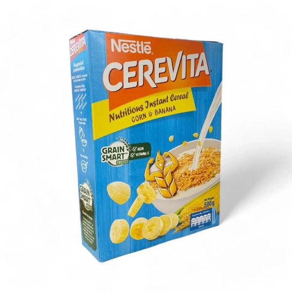 Nestle Cerevita Nutritious Instant Cereal (Corn & Banana) - 500g packaging with corn and banana illustrations.
