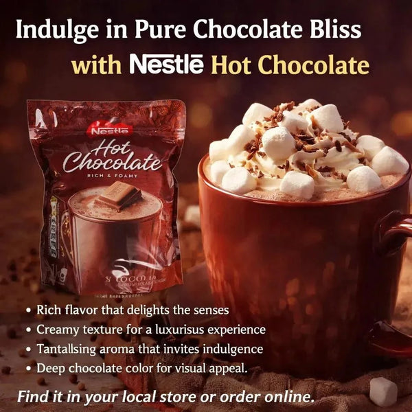 Nestle Hot Chocolate 1kg container with rich chocolate powder for creamy hot chocolate drinks