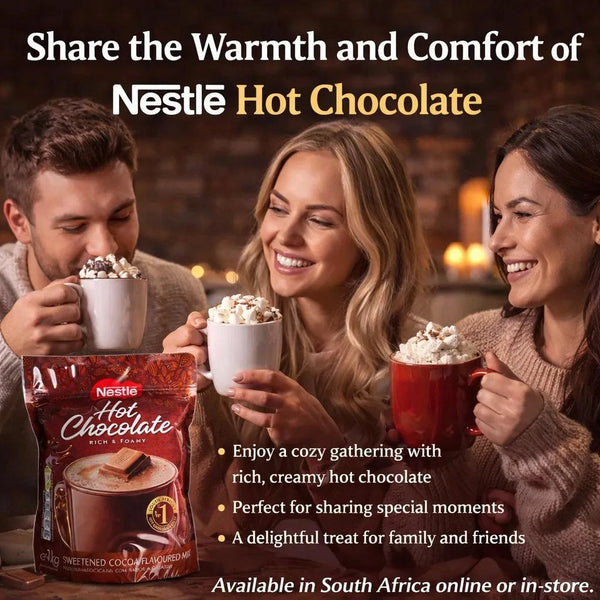 Nestle Hot Chocolate 1kg pack showcasing rich, creamy hot chocolate powder with deep chocolate color ideal for indulgent hot chocolate drinks