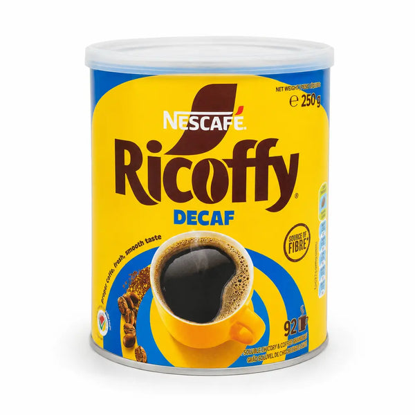 Nescafé Ricoffy Decaf instant coffee 250g tin front product hero