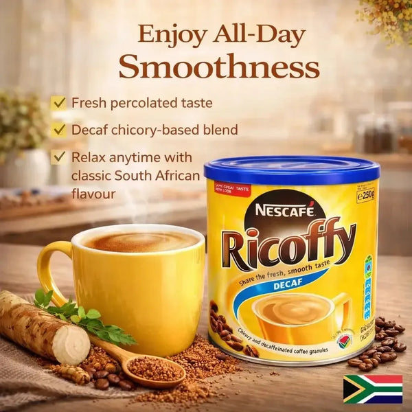 Nestle Ricoffy Decaf Instant Coffee 250g chicory-based South African brand NESCAFÉ packaging