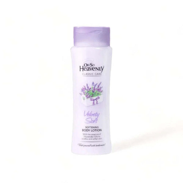 Oh So Heavenly Classic Care Velvety Soft Body Lotion 375ml bottle with lavender design.