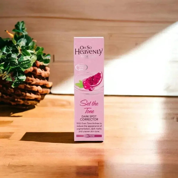 Oh So Heavenly Set the Tone Dark Spot Corrector bottle with pomegranate and goji berry extracts, vegan skincare from South Africa