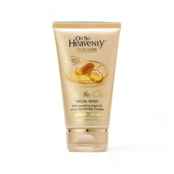 Oh So Heavenly Stop The Clock Face Wash 150ml bottle with argan oil and hyaluronic acid for gentle, anti-wrinkle skincare