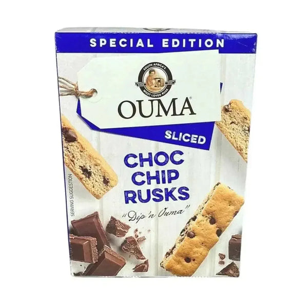 Ouma Rusk Choc Chip Sliced 450g package with coffee cup background