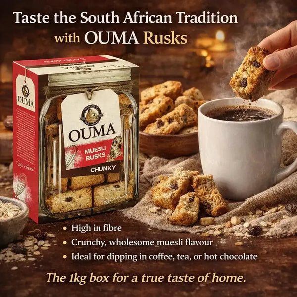Ouma Rusks Muesli 1kg box with oats, peanuts, coconut, and raisins, high-fibre South African breakfast snack