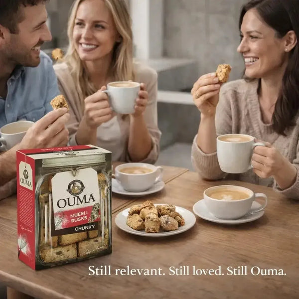 Ouma Rusks Muesli 1kg box with oats, peanuts, coconut, and raisins