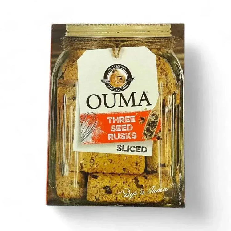 Ouma Rusks Three Seed sliced 450g pack with sunflower, sesame, and flax seeds for nutritious snacking