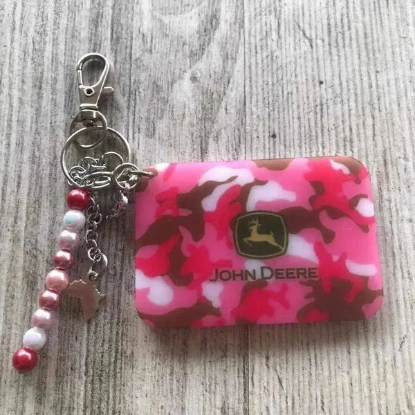 Pink John Deere Camo keyring 65mm x 45mm