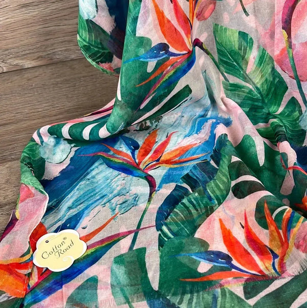 Scarf - Pink with Strelitzias and Green Leaves - Something From Home - South African Shop