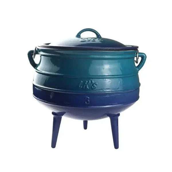 Blue enamel 7.8L LK Three Legged Potjie Pot with lid and handle for fire, gas, oven, and induction cooktops