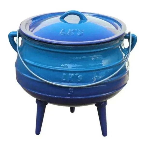 Blue enamel 7.8L potjie pot with lid and handle, suitable for fire and induction cooktops
