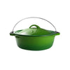 Green enamel Potjie bake pot with lid and handle, 5L capacity.