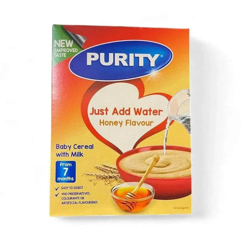 Purity Cereal with Milk & Honey baby cereal box showing honey flavor and just add water preparation for infants from 7 months onward