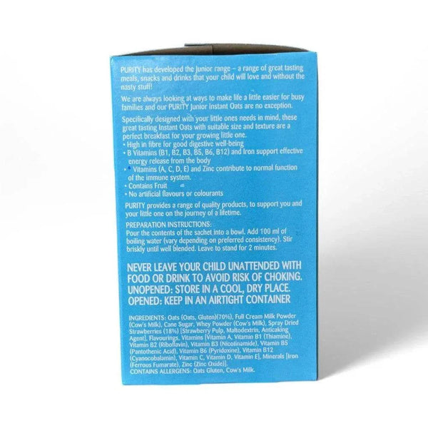 Purity Instant Oats Strawberry & Vanilla sachets, healthy breakfast for children, rich in vitamins, contains fruit, no artificial flavors.