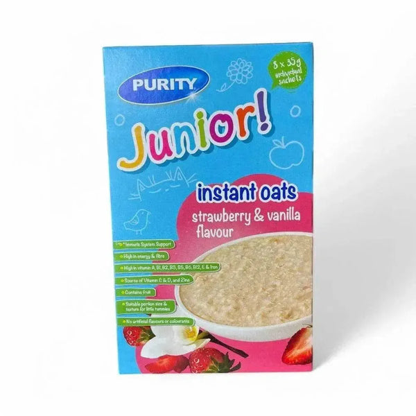 Purity Instant Oats Strawberry & Vanilla 8x35g sachets for kids, nutritious breakfast with essential vitamins and natural fruit flavor