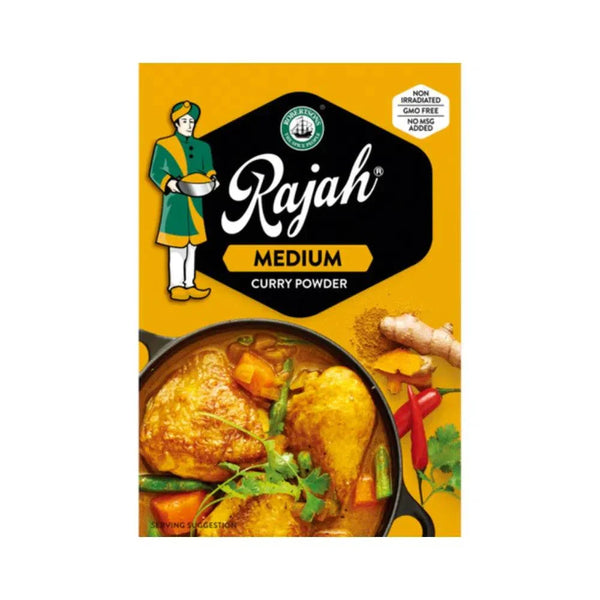 Rajah Medium Curry Powder 100g pack with vibrant curry dish and spices on packaging