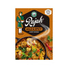 Rajah Curry Powder Mild & Spicy 100g packaging with vibrant Indian dish.