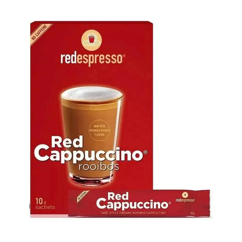 Box of Red Espresso Cappuccino with 10 instant Rooibos sachets for quick caffeine-free cappuccino