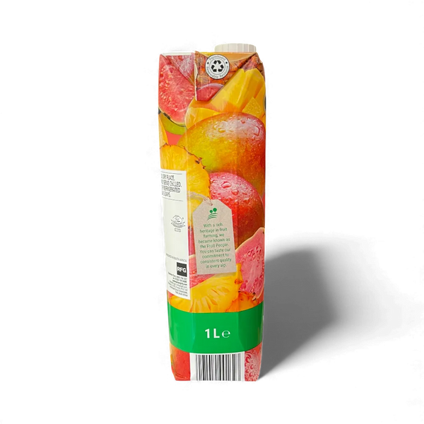 Rhodes 1 litre carton of 100% tropical fruit juice blend with apple, guava, mango, pineapple, no added sugar or preservatives, high in Vitamin C