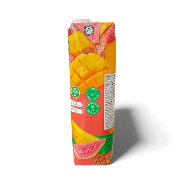 Rhodes 1 litre tropical fruit juice carton with mango and guava blend, high in vitamin C, no added sugar or preservatives