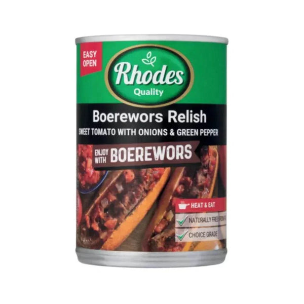 Rhodes Quality Boerewors Relish 410g can of sweet tomato relish with onions and green pepper for boerewors