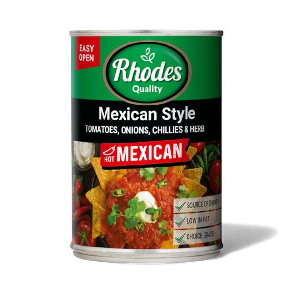 Rhodes Relish Tomato Mexican Style 410g can with spicy tomatoes, onions, chillies, and herbs.