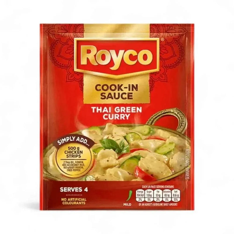 Royco Cook-in Sauce Thai Green Curry 50g pack for easy, mild-flavored curry with chicken, no artificial colors, serves 4.