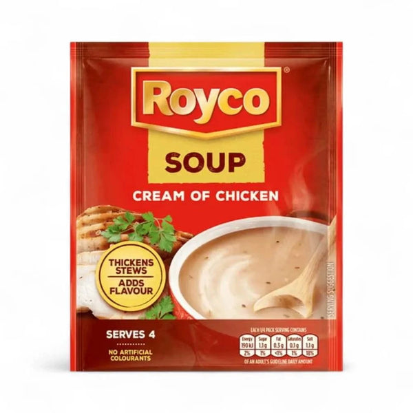 Royco Cream of Chicken Soup 50g packet with creamy chicken soup and serving suggestion