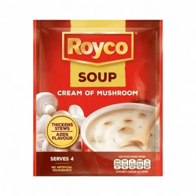 Royco Cream of Mushroom Soup 50g pack with creamy mushroom flavor, thickens stews, serves 4, no artificial colorants