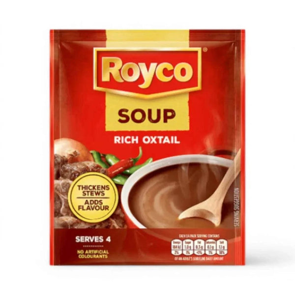 Royco Rich Oxtail Soup 50g packaging, ideal for enhancing stews with hearty flavor and thickness.