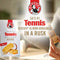 Bakers Tennis Classic Coconut Rusks 450g package with a person holding a rusk, highlighting its classic coconut flavor and perfect pairing with hot beverages.