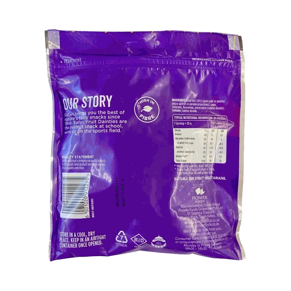 Purple packaging of Safari Fruit Dainties Squares 250g snack with nutritional info and storage instructions