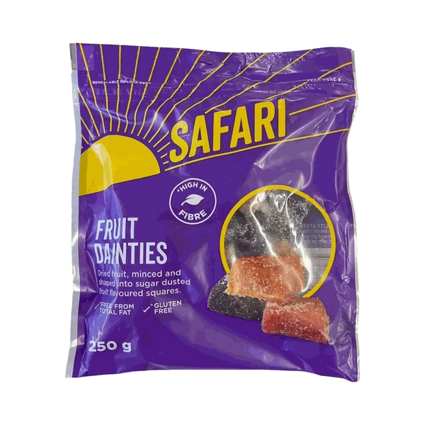 Safari Fruit Dainties 250g pack of gluten-free dried fruit sugar-coated squares with mixed flavors