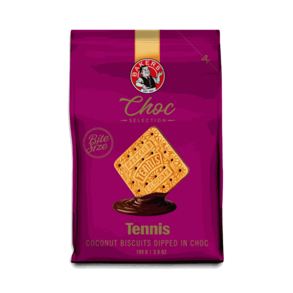 Bakers Tennis Choc Selection bite-size coconut biscuits coated in chocolate, 109g pack