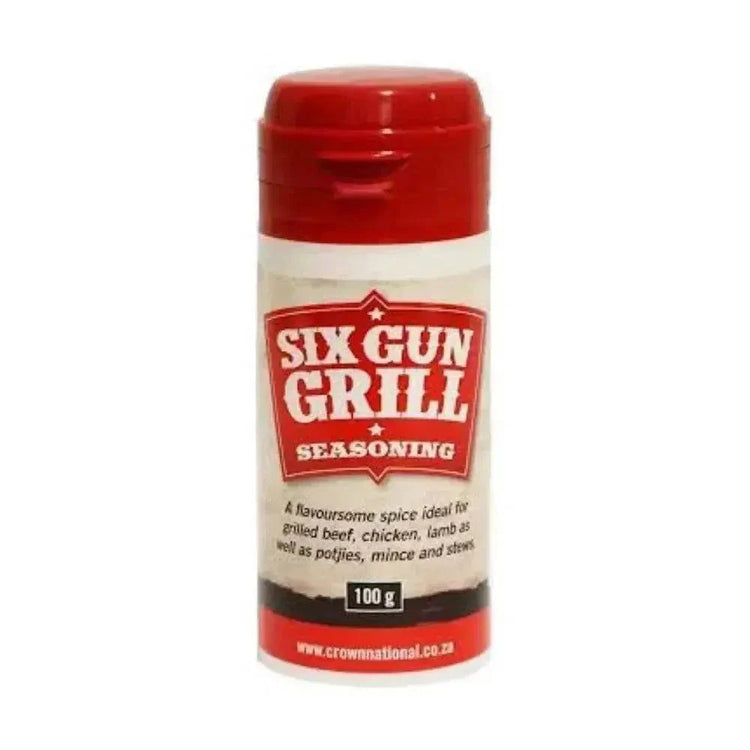 Crown National Six Gun Grill Spice Shaker 100g with blend of celery, onion, paprika, cumin, and cayenne pepper