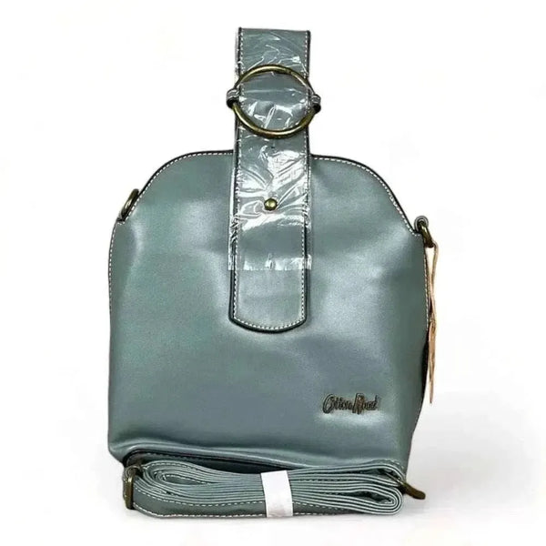 Green PU leather sling bag with buckle and adjustable strap