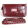 Red sling wallet with small dots and removable shoulder strap