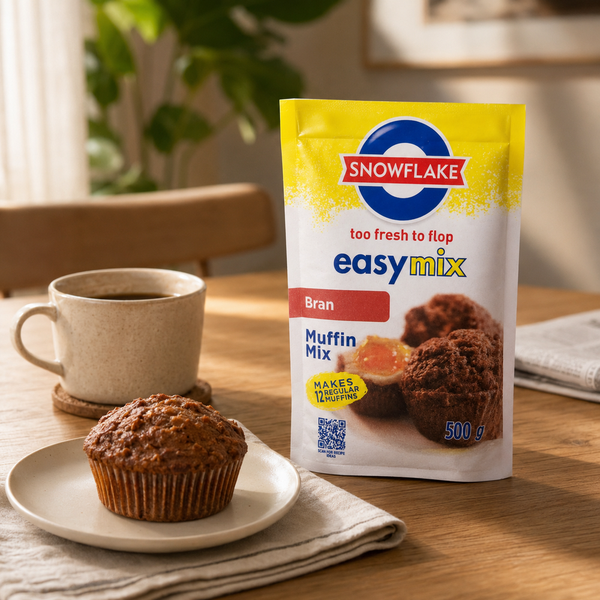 Snowflake Bran Muffin Mix 500g served with a bran muffin and coffee