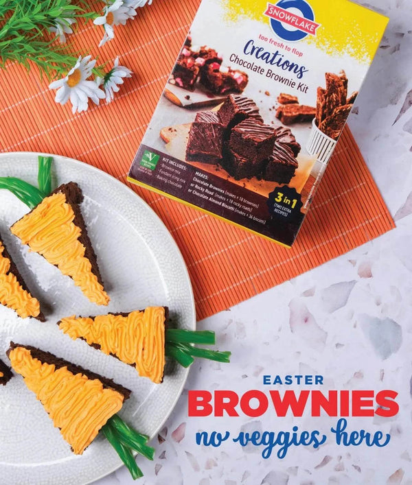 Snowflake Creations Chocolate Brownies Kit 615g with Easter-themed brownies.