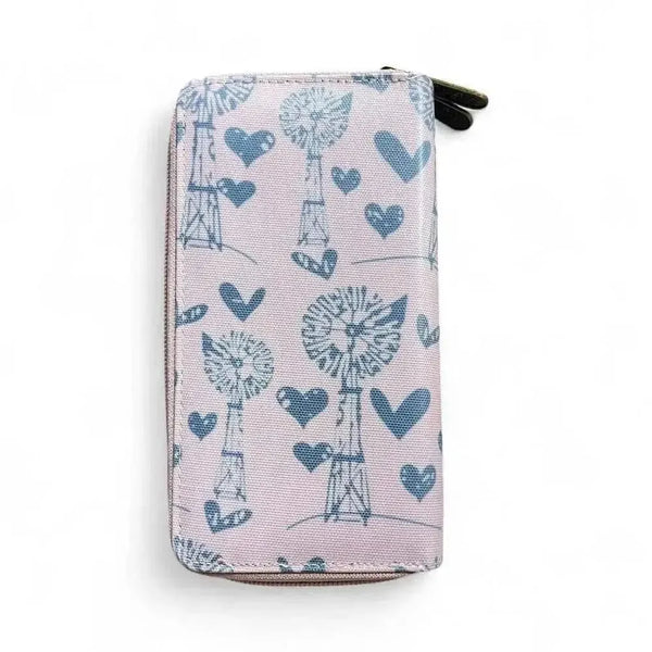 Cotton Road large pink PVC wallet with grey windmills and hearts design