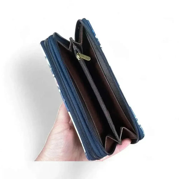 Cotton Road large wallet in navy blue PU leather with pink floral design and double zip compartments for cards and coins