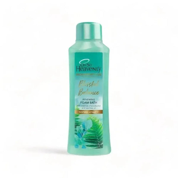 Oh So Heavenly Aromatherapy Care Foam Bath bottle with eucalyptus and tea tree scent in bathroom setting