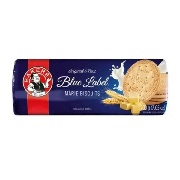 Bakers Blue Label Marie Biscuits 200g pack showcasing classic snack packaging