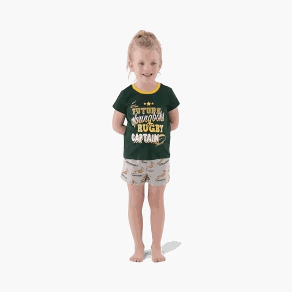 Child wearing Springbok Pajamas kids set with "Future Springbok Rugby Captain" green top and logo shorts