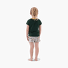 Back view of child wearing Springbok Pajamas kids set with green top and printed shorts
