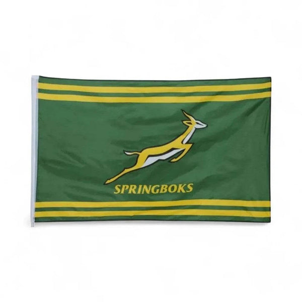Green and gold Springbok official licensed flag with emblem, sized 150cm by 90cm, lightweight and durable for indoor and outdoor use