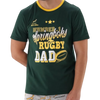 Springbok Pajama Set for men, green short-sleeve crew neck top with "Number 1 Springboks Rugby Dad" print, matching elastic waist shorts with Springbok logo pattern, 100% cotton, 2XL size.