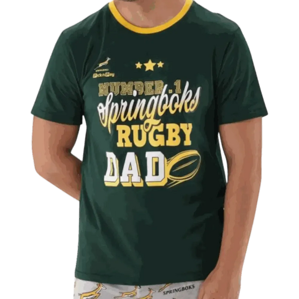 Springbok Pajama Set for men, green short-sleeve crew neck top with "Number 1 Springboks Rugby Dad" print, matching elastic waist shorts with Springbok logo pattern, 100% cotton, 2XL size.